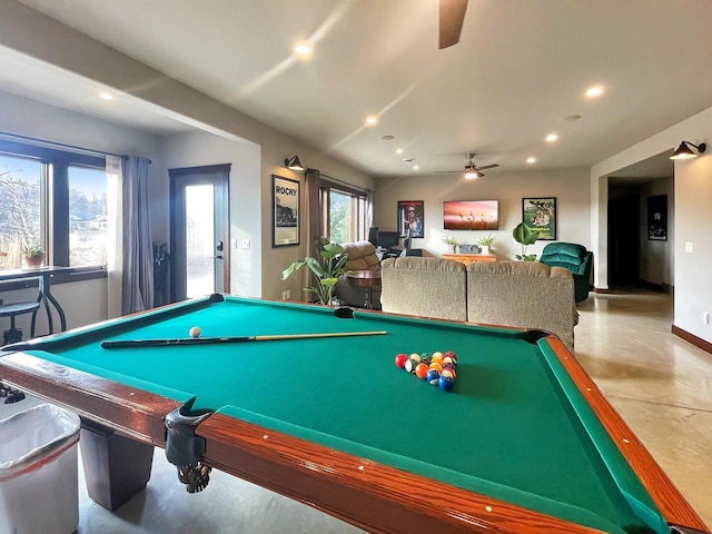 playroom featuring recessed lighting, concrete floors, pool table, baseboards, and ceiling fan