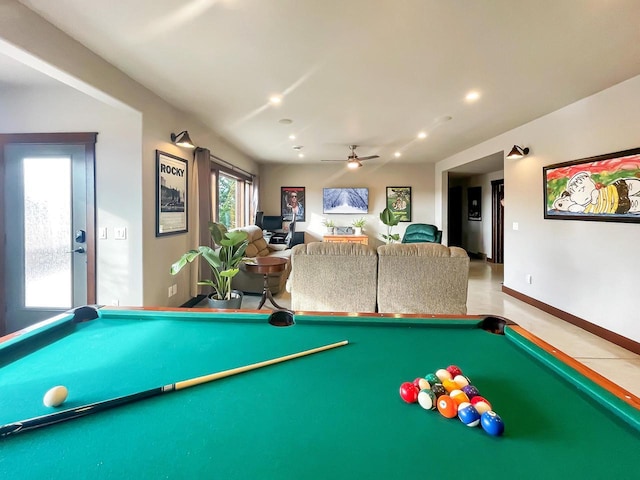 recreation room featuring recessed lighting, baseboards, a ceiling fan, and pool table