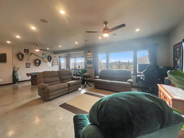 living area with pool table, recessed lighting, finished concrete flooring, and ceiling fan