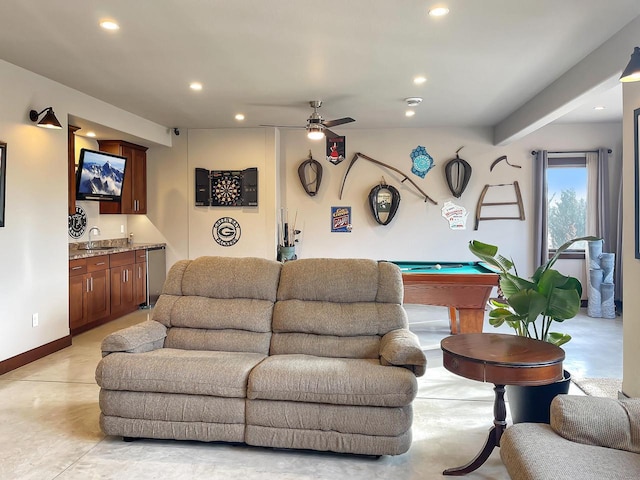 living area with pool table, baseboards, recessed lighting, wet bar, and a ceiling fan