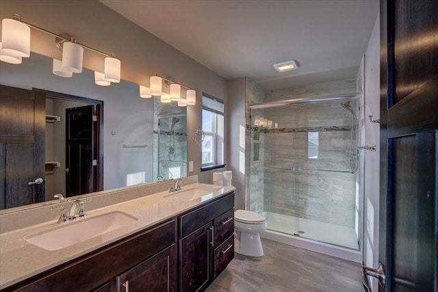 bathroom featuring double vanity, a stall shower, toilet, and a sink