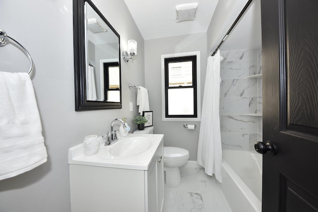 bathroom with marble finish floor, vanity, toilet, and shower / bath combo