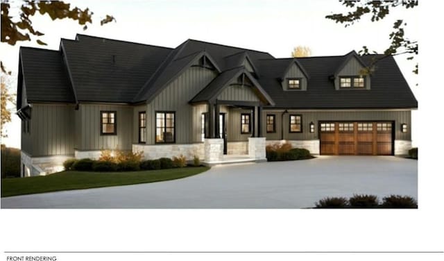 modern farmhouse style home with stone siding, driveway, and board and batten siding