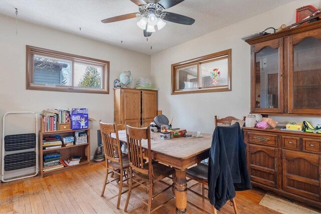 dining room with a textured ceiling, a ceiling fan, and light wood finished floors