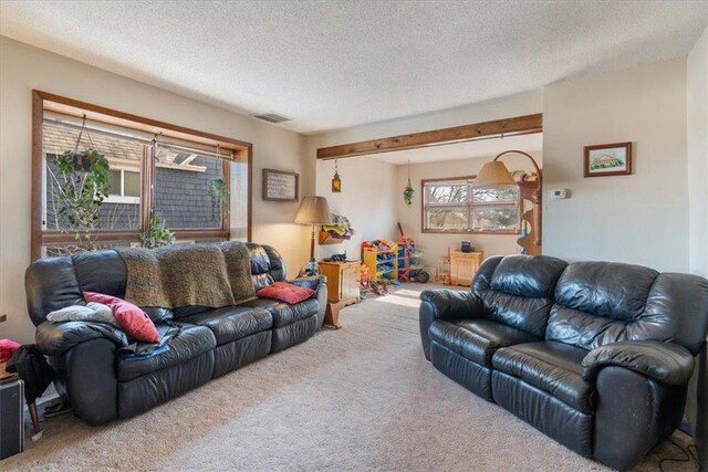 living area with visible vents, a textured ceiling, and carpet floors