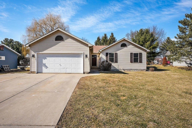 ranch-style home featuring an attached garage, concrete driveway, and a front yard