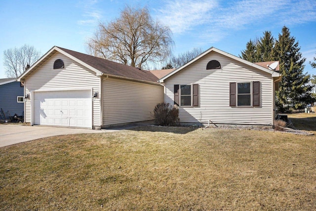 ranch-style house with a front yard, a garage, and driveway