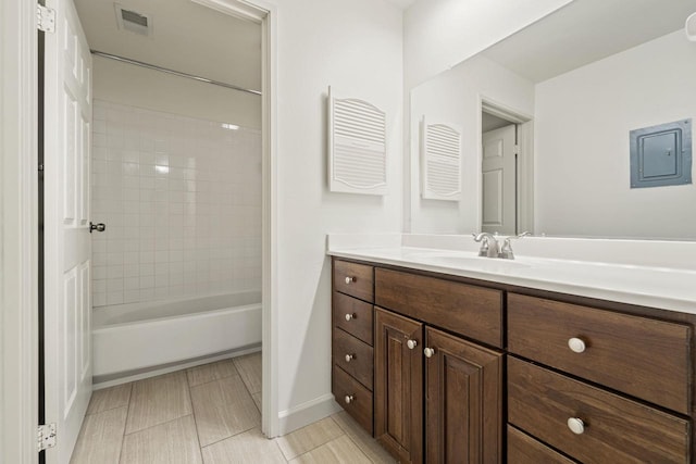 bathroom with electric panel, visible vents,  shower combination, and vanity