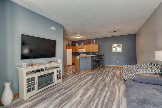 living area with baseboards and light wood-style floors