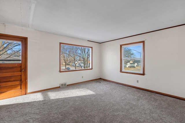 spare room with visible vents, baseboards, and carpet