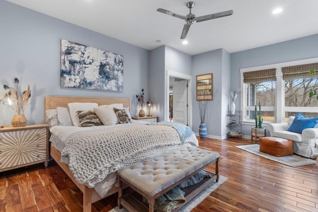 bedroom with recessed lighting, ceiling fan, baseboards, and hardwood / wood-style floors