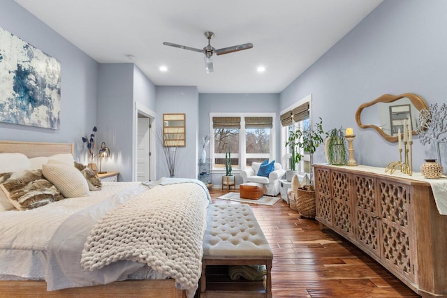 bedroom with hardwood / wood-style floors, recessed lighting, and ceiling fan