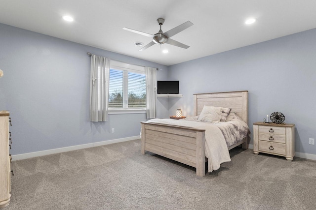 bedroom featuring a ceiling fan, visible vents, baseboards, recessed lighting, and carpet flooring