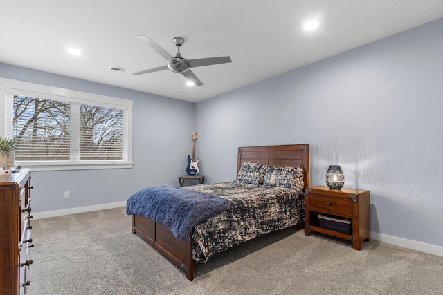 carpeted bedroom featuring recessed lighting, a ceiling fan, and baseboards