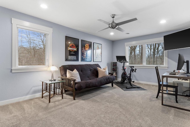 workout room with recessed lighting, a ceiling fan, baseboards, and carpet floors