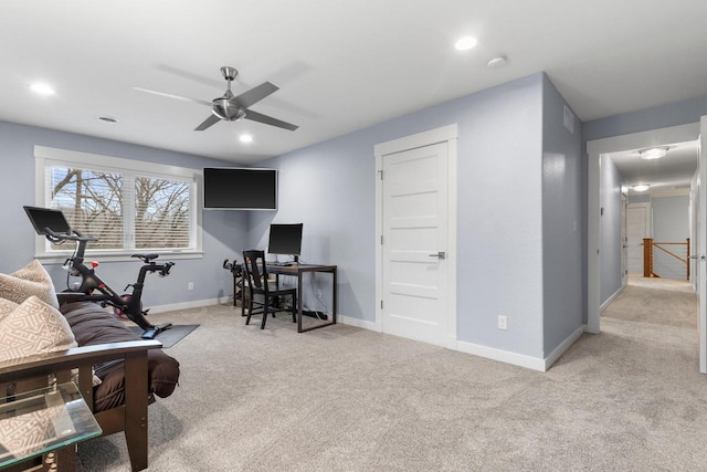 interior space featuring recessed lighting, baseboards, light colored carpet, and ceiling fan