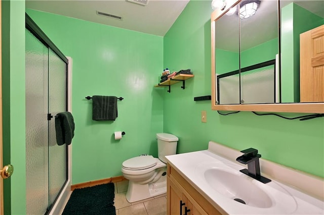 bathroom with vanity, visible vents, tile patterned flooring, a shower stall, and toilet