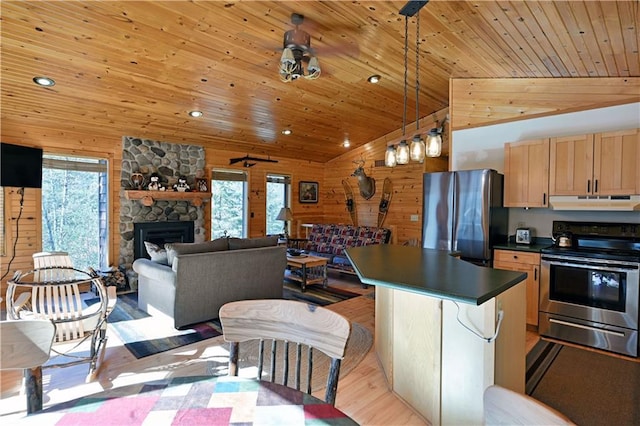 kitchen featuring dark countertops, a wealth of natural light, wood walls, and appliances with stainless steel finishes