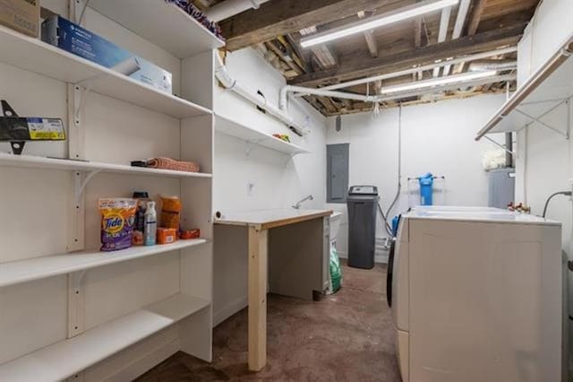 unfinished below grade area with electric panel, water heater, and washing machine and clothes dryer