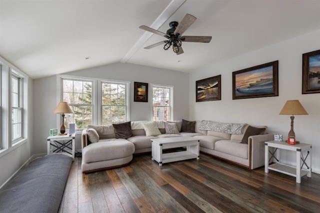 living room with dark wood finished floors, vaulted ceiling, a ceiling fan, and baseboards