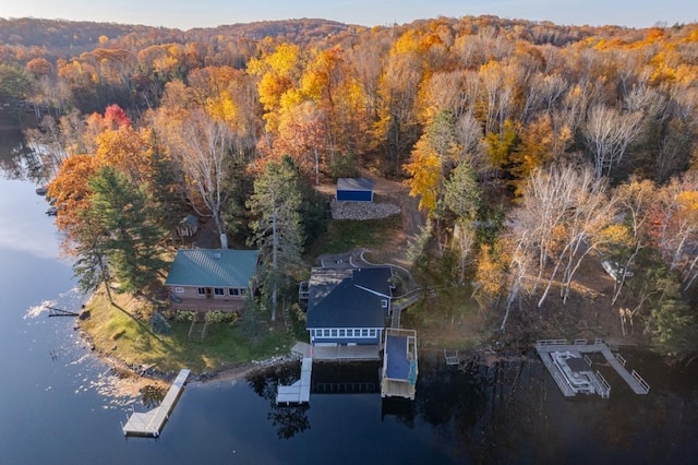 bird's eye view with a forest view and a water view