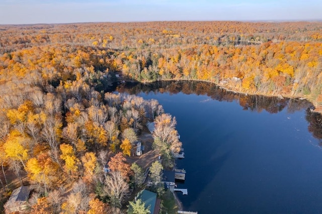 birds eye view of property featuring a wooded view and a water view