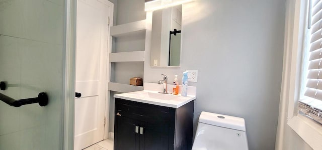 bathroom with an enclosed shower, toilet, and vanity