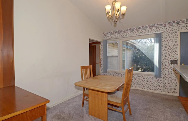 5511 Maywood Rd, Monona, WI 53716 - carpeted dining area with wallpapered walls, an inviting chandelier, baseboards, and vaulted ceiling
