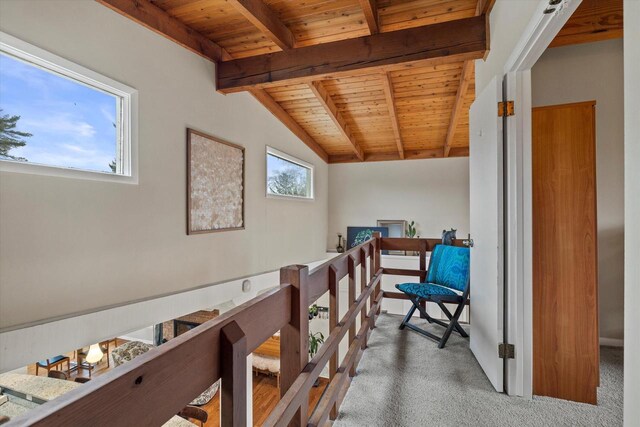 3103 W Riverland Dr, Mequon, WI 53092 - hallway featuring carpet flooring, wood ceiling, and vaulted ceiling with beams