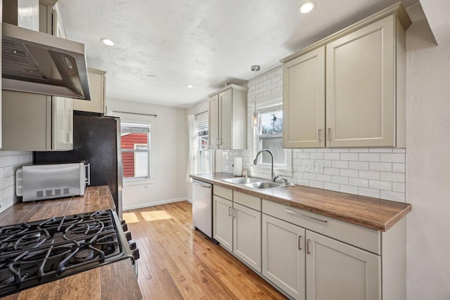 kitchen with a wealth of natural light, light wood-style flooring, a sink, gas range oven, and dishwasher