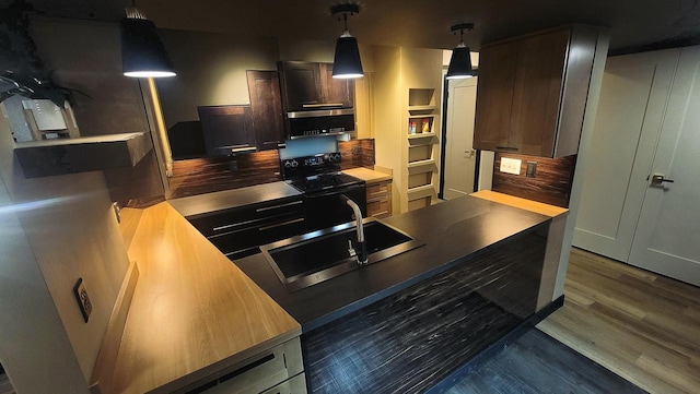 kitchen featuring wood finished floors, a sink, hanging light fixtures, black electric range oven, and tasteful backsplash