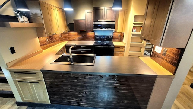 kitchen with black electric range, a sink, wood finished floors, a peninsula, and exhaust hood