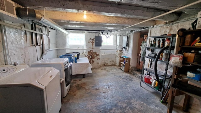 basement featuring electric panel and washer and clothes dryer