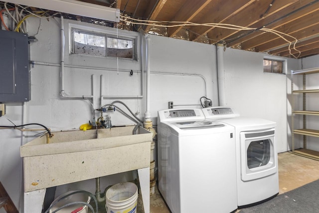 laundry room with washer and dryer, electric panel, and laundry area