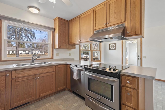 kitchen with under cabinet range hood, a sink, stainless steel electric stove, a peninsula, and dishwashing machine