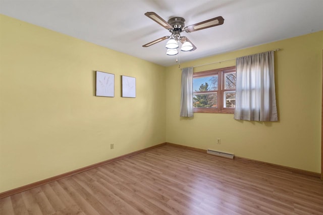 unfurnished room featuring visible vents, ceiling fan, light wood-type flooring, and baseboards