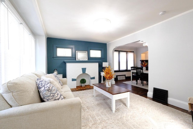 living area with visible vents, baseboards, ornamental molding, wood finished floors, and arched walkways