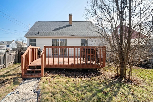 7514 32nd Ave, Kenosha, WI 53142 - back of house with a chimney, a shingled roof, fence, and a deck