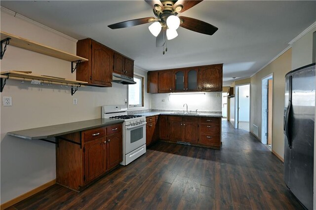 N7030 Little Valley Rd, Spooner, WI 54801 - kitchen with open shelves, white gas stove, a sink, under cabinet range hood, and refrigerator with ice dispenser