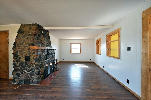 N7030 Little Valley Rd, Spooner, WI 54801 - unfurnished living room featuring visible vents, a fireplace, and hardwood / wood-style flooring