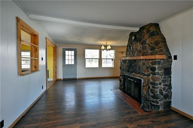 N7030 Little Valley Rd, Spooner, WI 54801 - unfurnished living room featuring a wealth of natural light, a notable chandelier, and hardwood / wood-style flooring
