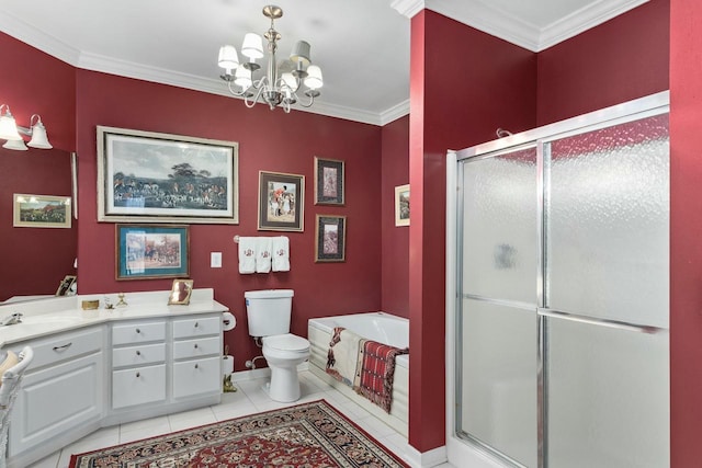 bathroom with ornamental molding, tile patterned flooring, a shower stall, a garden tub, and a notable chandelier