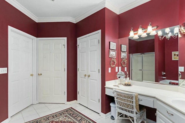 full bath with vanity, a shower with shower door, ornamental molding, tile patterned floors, and a chandelier