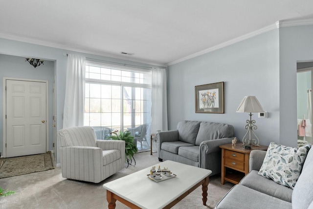 living area with crown molding, visible vents, and light carpet