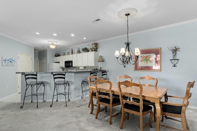 dining area featuring visible vents, light colored carpet, ornamental molding, recessed lighting, and a notable chandelier