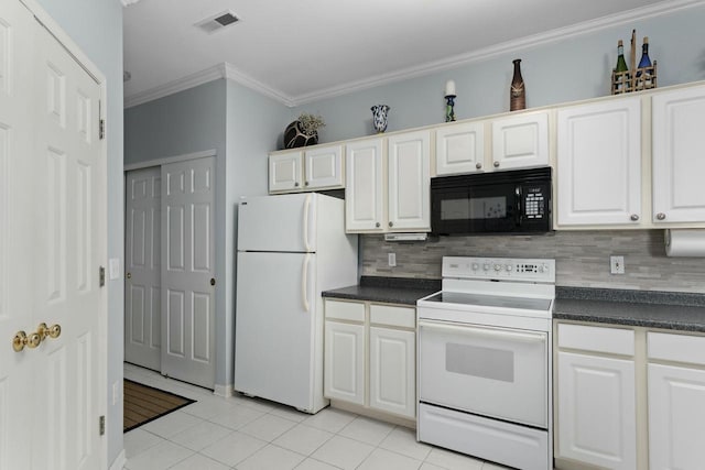 kitchen with dark countertops, visible vents, white appliances, and crown molding