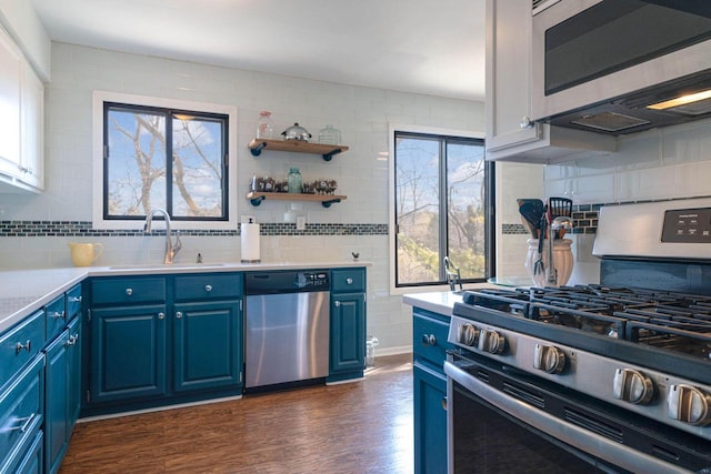 kitchen with a sink, stainless steel appliances, blue cabinetry, and dark wood-style floors