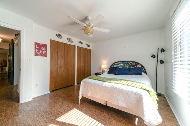 bedroom with baseboards, a ceiling fan, multiple closets, and wood finished floors