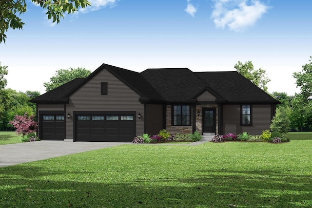 view of front of property featuring driveway, a front lawn, and a garage