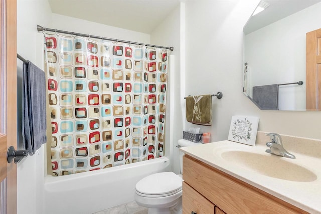 bathroom with vanity, toilet, shower / bathtub combination with curtain, and tile patterned flooring